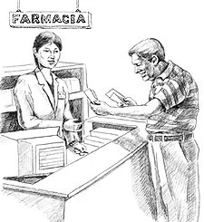 Cliente recibiendo medicamentos de una farmaceutica Cliente recibiendo medicamentos de una farmaceutica